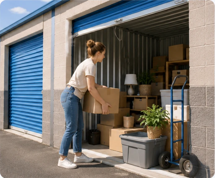 A woman carrying a box into a drive-up storage unit