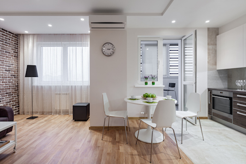 Interior of modern apartment in scandinavian style with kitchen